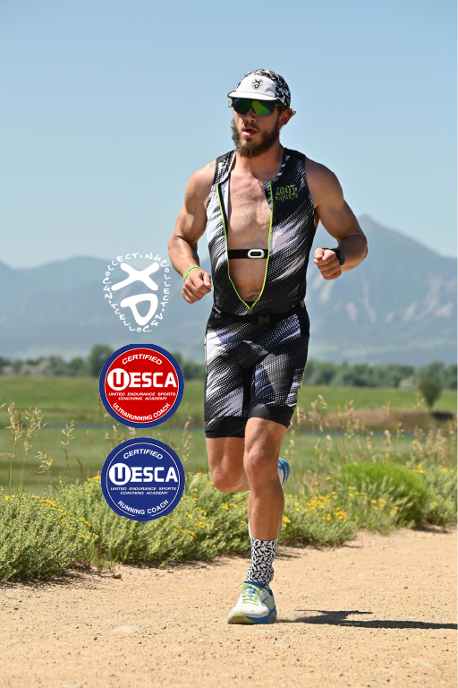 Man running on a trail with UESCA and Collecting XP brand logos displayed.