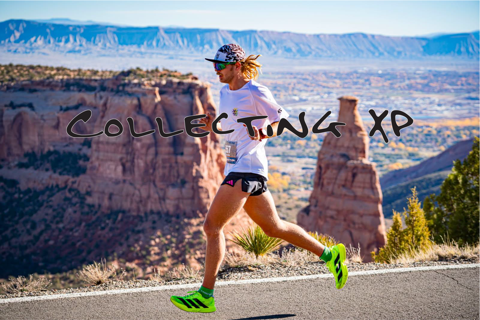 Person running on a road with scenic landscape and 'Collecting XP' text overlay
